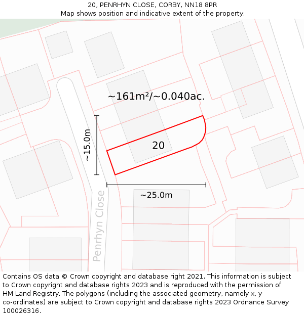 20, PENRHYN CLOSE, CORBY, NN18 8PR: Plot and title map