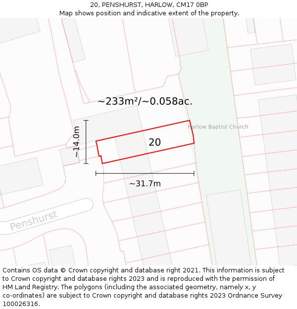 20, PENSHURST, HARLOW, CM17 0BP: Plot and title map