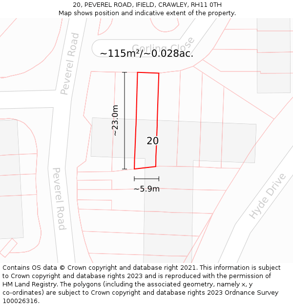 20, PEVEREL ROAD, IFIELD, CRAWLEY, RH11 0TH: Plot and title map