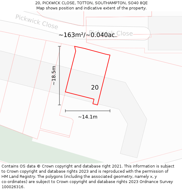20, PICKWICK CLOSE, TOTTON, SOUTHAMPTON, SO40 8QE: Plot and title map