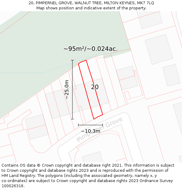 20, PIMPERNEL GROVE, WALNUT TREE, MILTON KEYNES, MK7 7LQ: Plot and title map