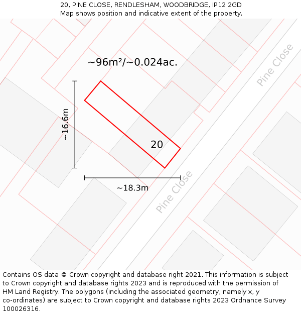 20, PINE CLOSE, RENDLESHAM, WOODBRIDGE, IP12 2GD: Plot and title map