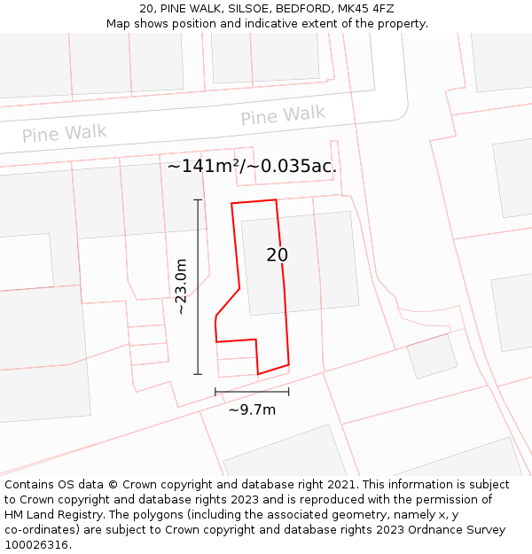 20, PINE WALK, SILSOE, BEDFORD, MK45 4FZ: Plot and title map