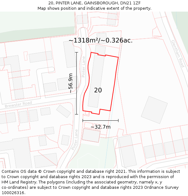 20, PINTER LANE, GAINSBOROUGH, DN21 1ZF: Plot and title map