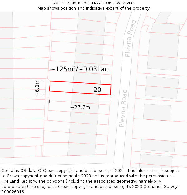 20, PLEVNA ROAD, HAMPTON, TW12 2BP: Plot and title map