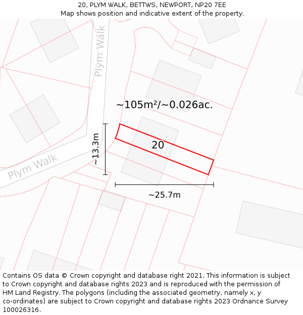 20, PLYM WALK, BETTWS, NEWPORT, NP20 7EE: Plot and title map
