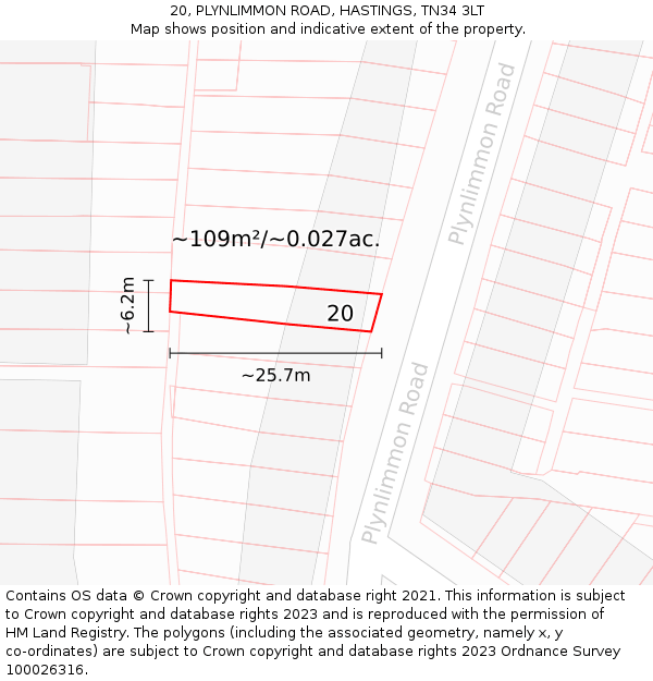 20, PLYNLIMMON ROAD, HASTINGS, TN34 3LT: Plot and title map