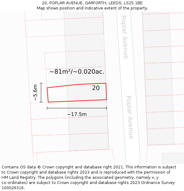 20, POPLAR AVENUE, GARFORTH, LEEDS, LS25 1BE: Plot and title map