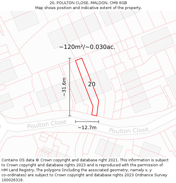 20, POULTON CLOSE, MALDON, CM9 6GB: Plot and title map