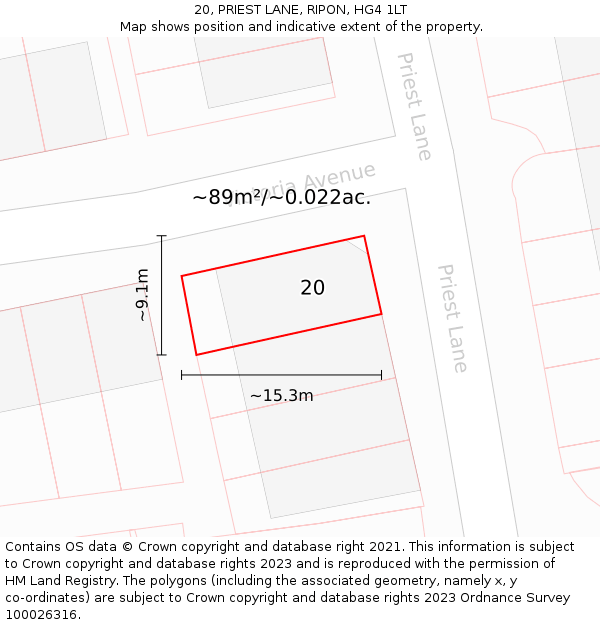 20, PRIEST LANE, RIPON, HG4 1LT: Plot and title map