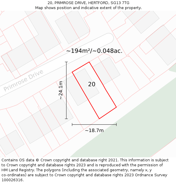 20, PRIMROSE DRIVE, HERTFORD, SG13 7TG: Plot and title map