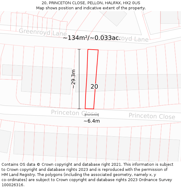 20, PRINCETON CLOSE, PELLON, HALIFAX, HX2 0US: Plot and title map