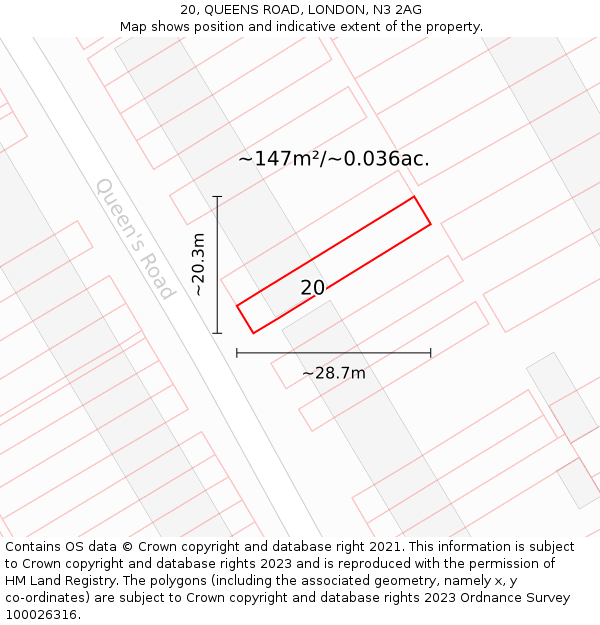 20, QUEENS ROAD, LONDON, N3 2AG: Plot and title map
