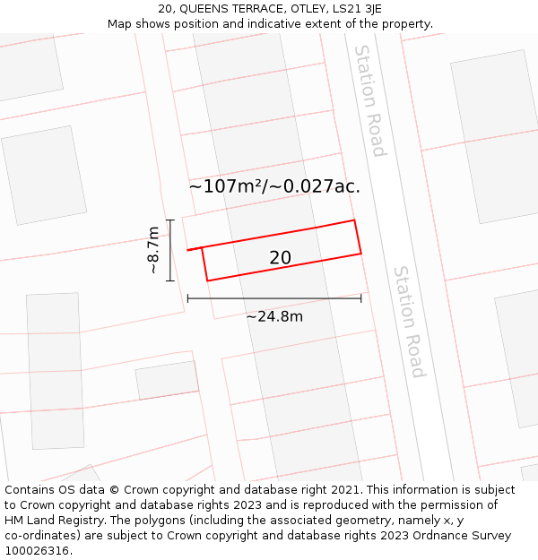 20, QUEENS TERRACE, OTLEY, LS21 3JE: Plot and title map