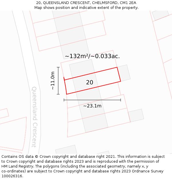 20, QUEENSLAND CRESCENT, CHELMSFORD, CM1 2EA: Plot and title map