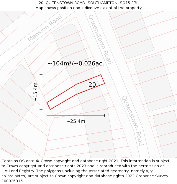 20, QUEENSTOWN ROAD, SOUTHAMPTON, SO15 3BH: Plot and title map