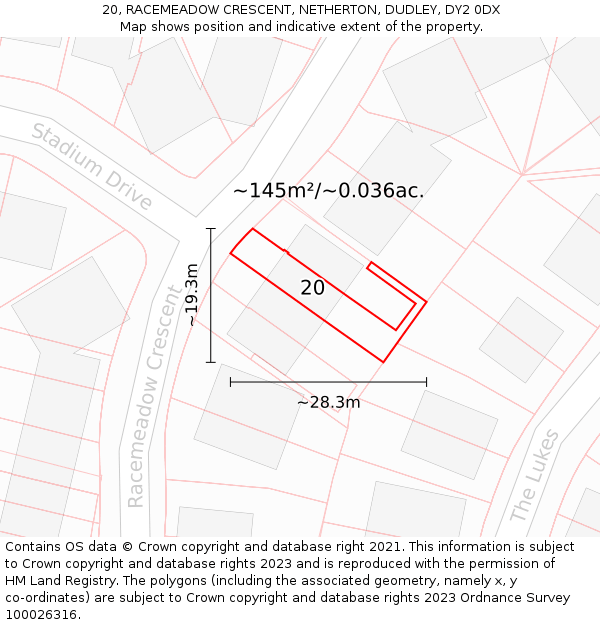 20, RACEMEADOW CRESCENT, NETHERTON, DUDLEY, DY2 0DX: Plot and title map