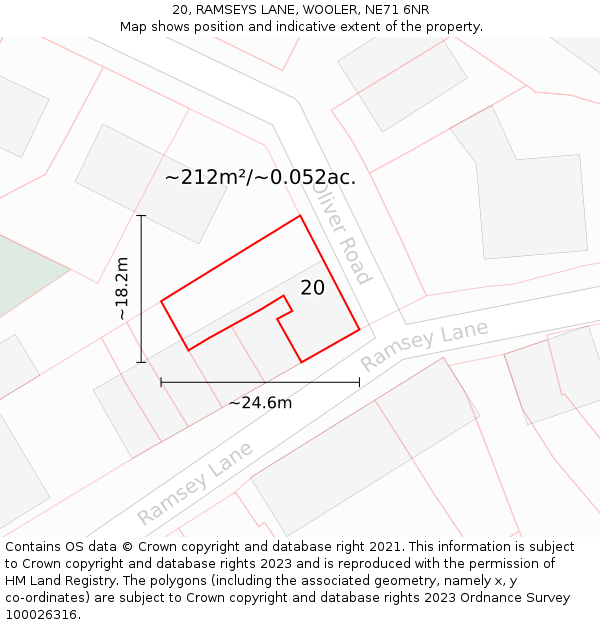 20, RAMSEYS LANE, WOOLER, NE71 6NR: Plot and title map