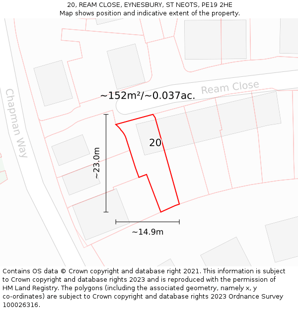 20, REAM CLOSE, EYNESBURY, ST NEOTS, PE19 2HE: Plot and title map