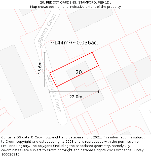 20, REDCOT GARDENS, STAMFORD, PE9 1DL: Plot and title map