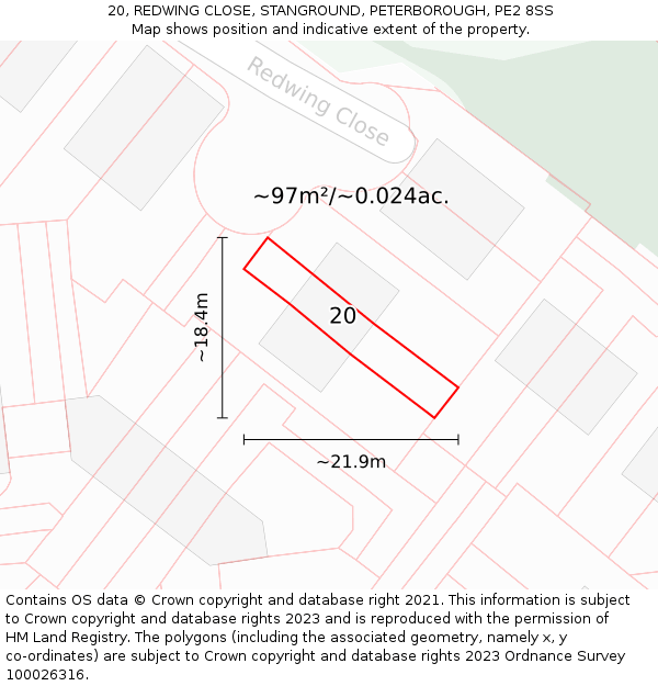 20, REDWING CLOSE, STANGROUND, PETERBOROUGH, PE2 8SS: Plot and title map