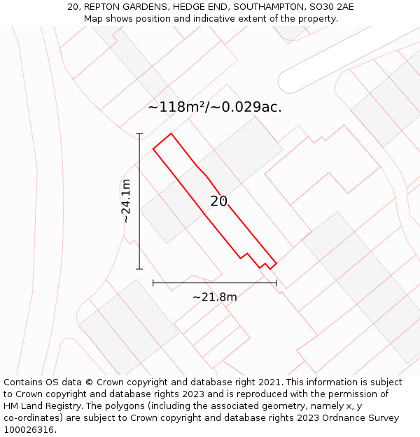 20, REPTON GARDENS, HEDGE END, SOUTHAMPTON, SO30 2AE: Plot and title map