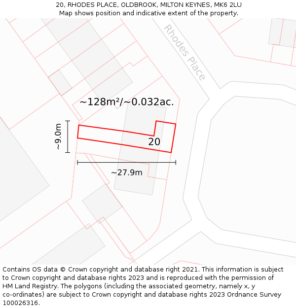 20, RHODES PLACE, OLDBROOK, MILTON KEYNES, MK6 2LU: Plot and title map