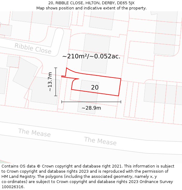 20, RIBBLE CLOSE, HILTON, DERBY, DE65 5JX: Plot and title map