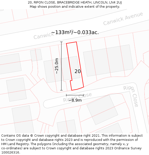 20, RIPON CLOSE, BRACEBRIDGE HEATH, LINCOLN, LN4 2UJ: Plot and title map