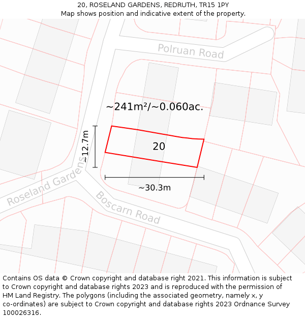 20, ROSELAND GARDENS, REDRUTH, TR15 1PY: Plot and title map