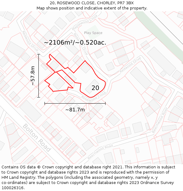 20, ROSEWOOD CLOSE, CHORLEY, PR7 3BX: Plot and title map