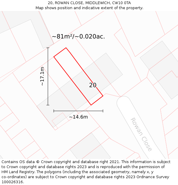 20, ROWAN CLOSE, MIDDLEWICH, CW10 0TA: Plot and title map