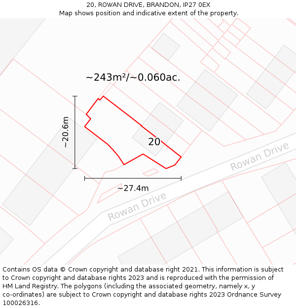 20, ROWAN DRIVE, BRANDON, IP27 0EX: Plot and title map