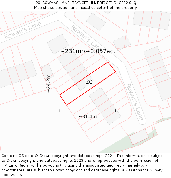 20, ROWANS LANE, BRYNCETHIN, BRIDGEND, CF32 9LQ: Plot and title map
