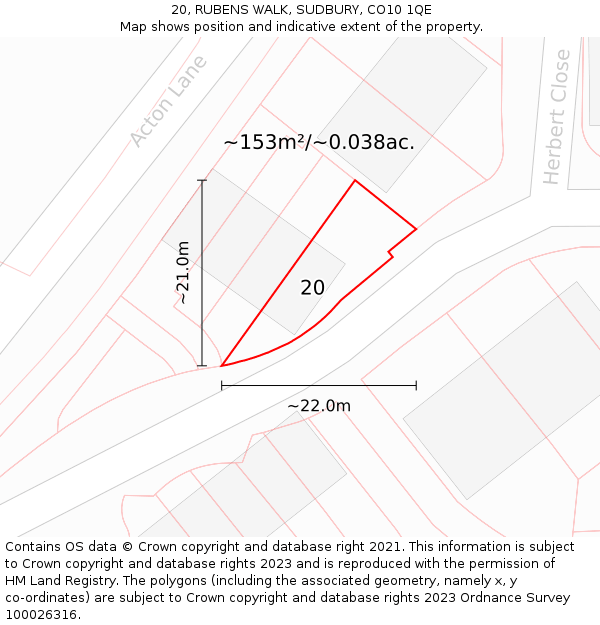 20, RUBENS WALK, SUDBURY, CO10 1QE: Plot and title map