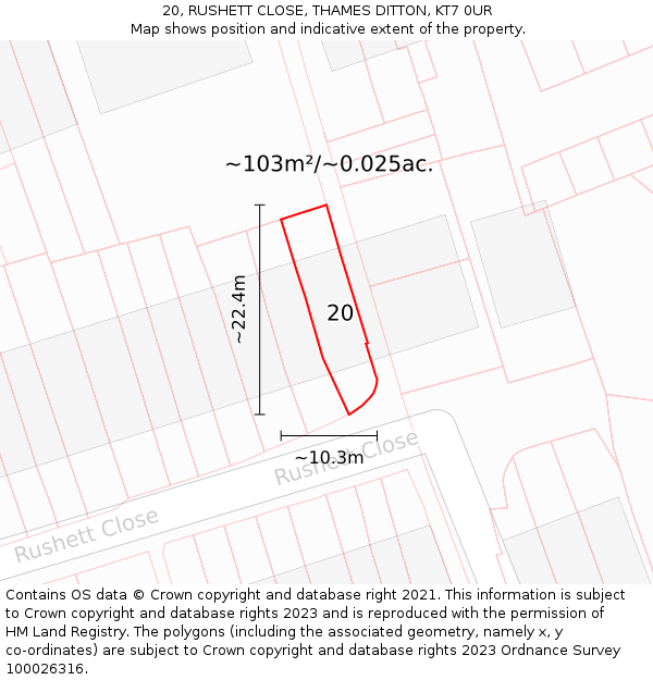 20, RUSHETT CLOSE, THAMES DITTON, KT7 0UR: Plot and title map