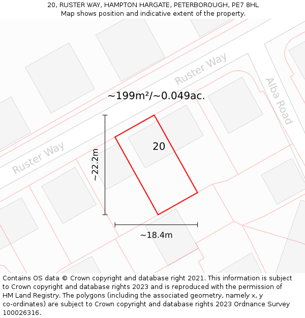 20, RUSTER WAY, HAMPTON HARGATE, PETERBOROUGH, PE7 8HL: Plot and title map