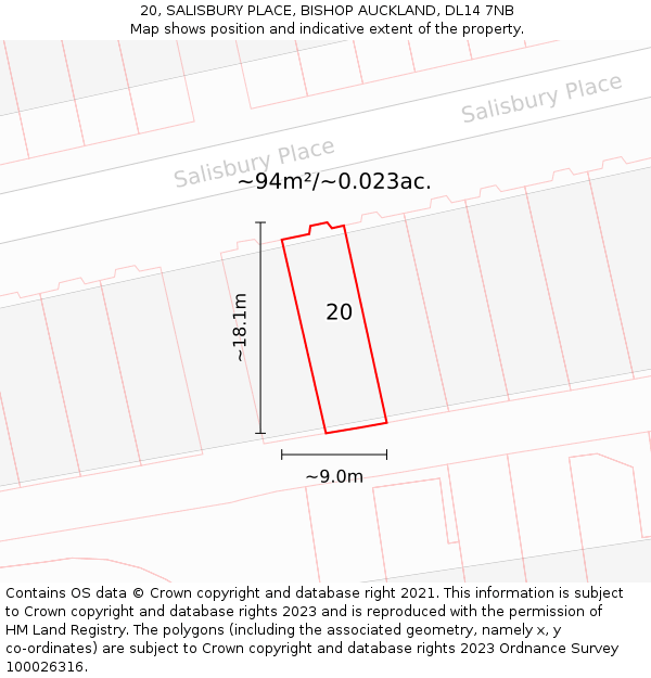 20, SALISBURY PLACE, BISHOP AUCKLAND, DL14 7NB: Plot and title map