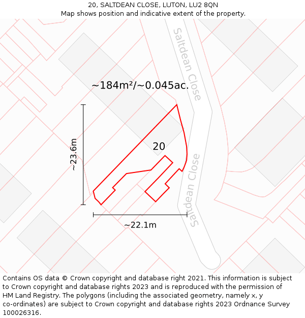 20, SALTDEAN CLOSE, LUTON, LU2 8QN: Plot and title map