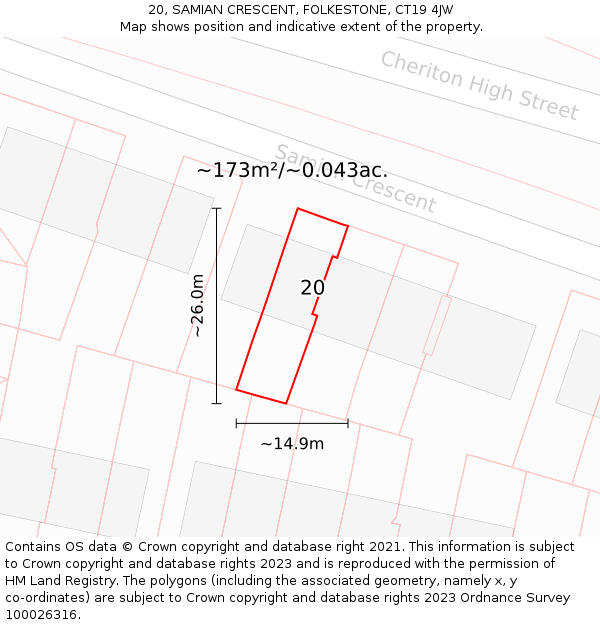 20, SAMIAN CRESCENT, FOLKESTONE, CT19 4JW: Plot and title map