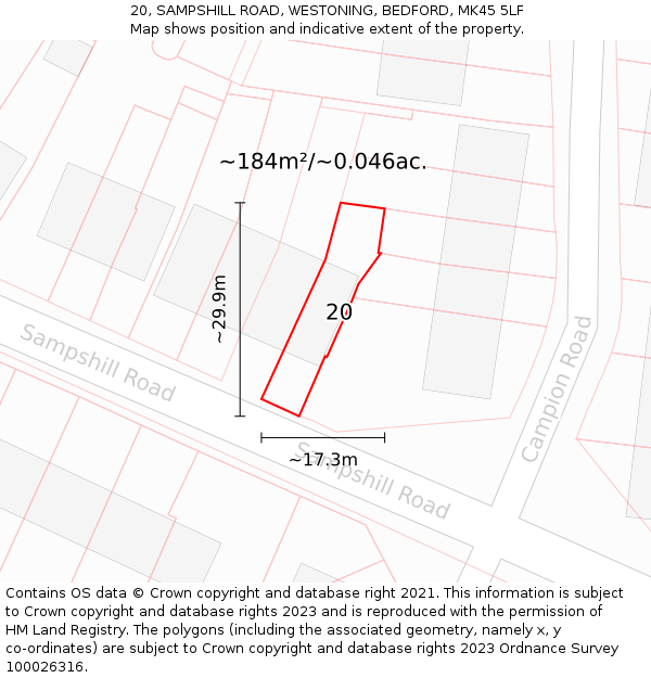20, SAMPSHILL ROAD, WESTONING, BEDFORD, MK45 5LF: Plot and title map