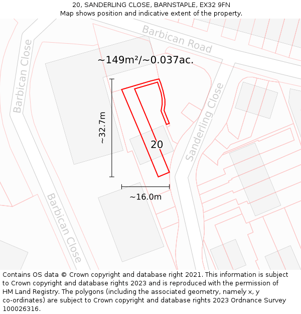 20, SANDERLING CLOSE, BARNSTAPLE, EX32 9FN: Plot and title map