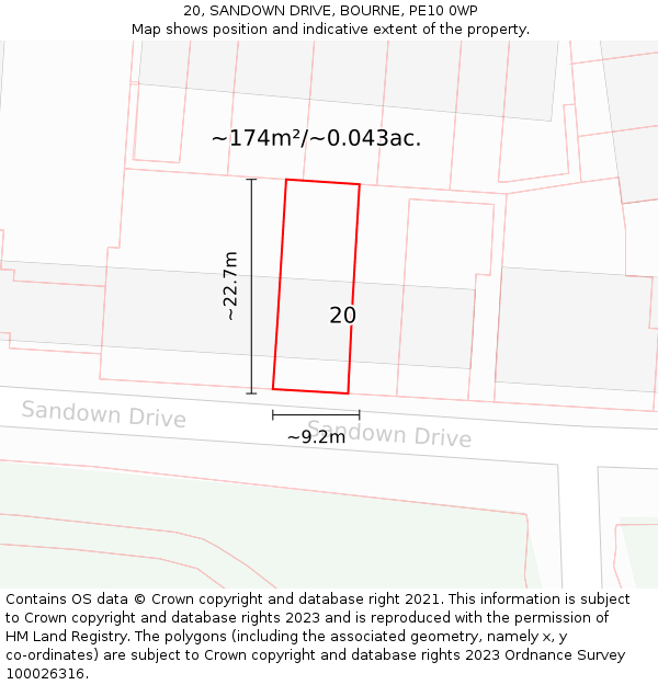 20, SANDOWN DRIVE, BOURNE, PE10 0WP: Plot and title map
