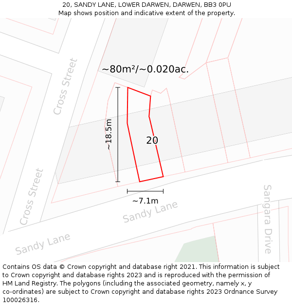 20, SANDY LANE, LOWER DARWEN, DARWEN, BB3 0PU: Plot and title map
