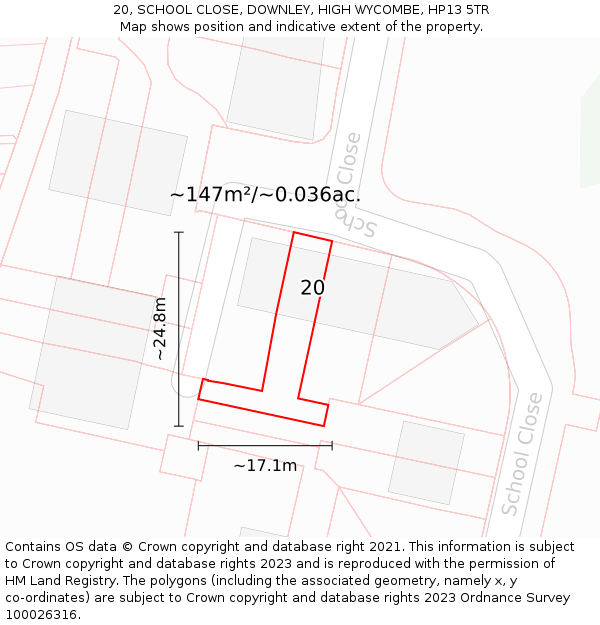 20, SCHOOL CLOSE, DOWNLEY, HIGH WYCOMBE, HP13 5TR: Plot and title map