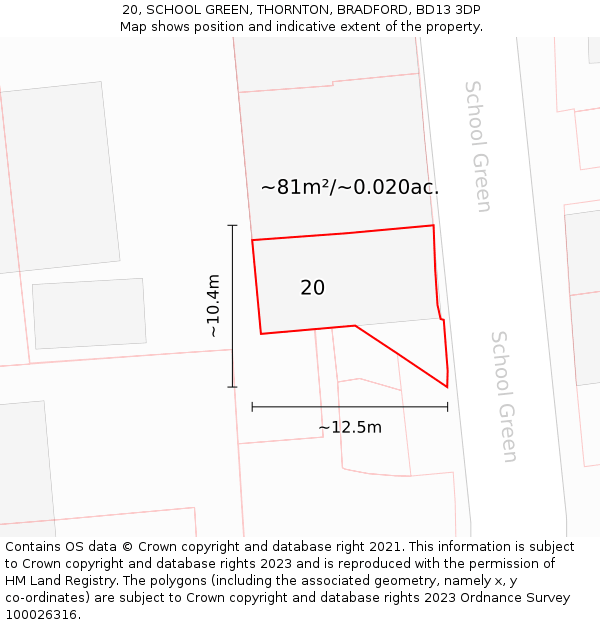 20, SCHOOL GREEN, THORNTON, BRADFORD, BD13 3DP: Plot and title map