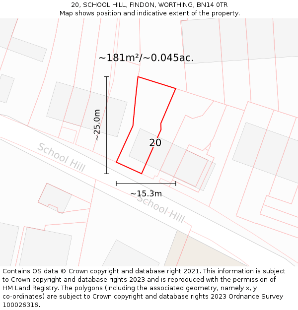 20, SCHOOL HILL, FINDON, WORTHING, BN14 0TR: Plot and title map