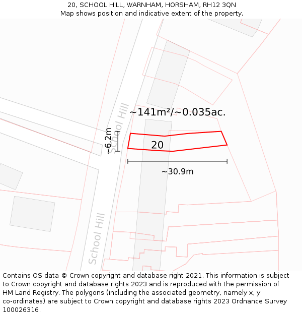 20, SCHOOL HILL, WARNHAM, HORSHAM, RH12 3QN: Plot and title map