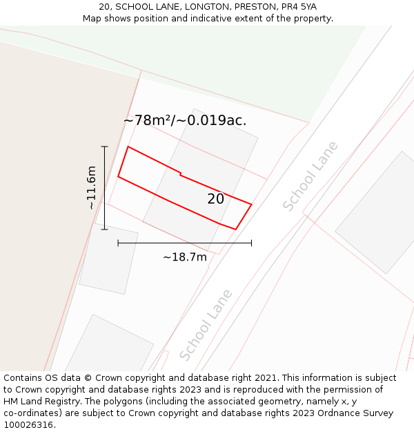 20, SCHOOL LANE, LONGTON, PRESTON, PR4 5YA: Plot and title map