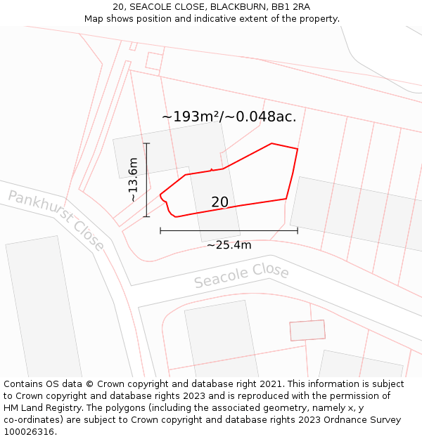 20, SEACOLE CLOSE, BLACKBURN, BB1 2RA: Plot and title map
